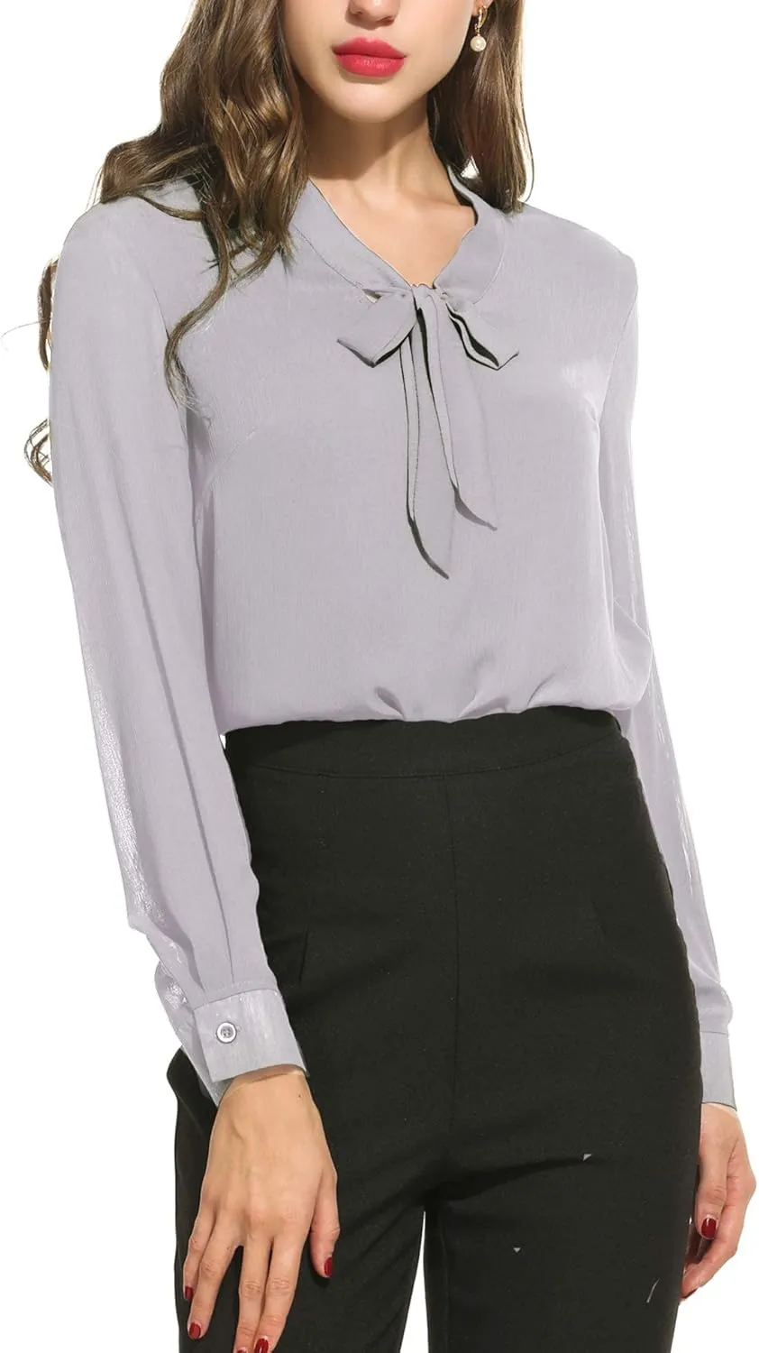 ACEVOG Chiffon Blouses for Women Dressy Bow Tie Neck Long Sleeve Work Shirt Formal Casual Wear