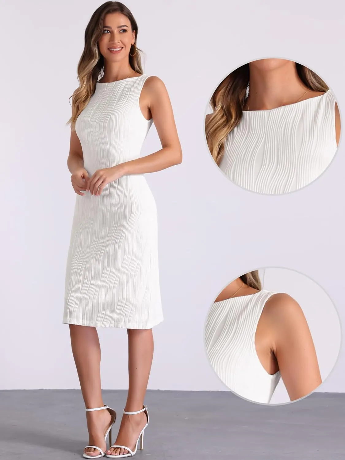 Allegra K Sleeveless Sheath Dress for Women's Boat Neck Textured Elegant Office Dress
