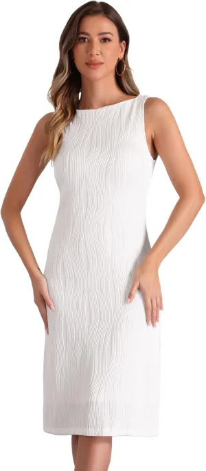Allegra K Sleeveless Sheath Dress for Women's Boat Neck Textured Elegant Office Dress
