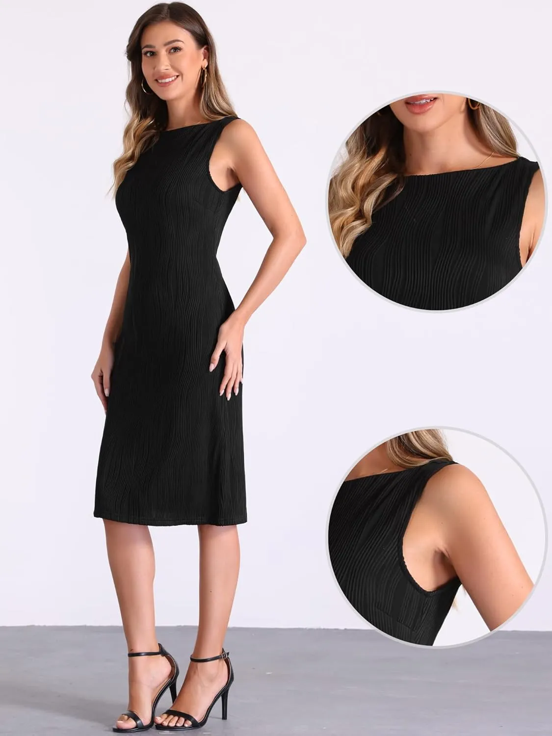 Allegra K Sleeveless Sheath Dress for Women's Boat Neck Textured Elegant Office Dress