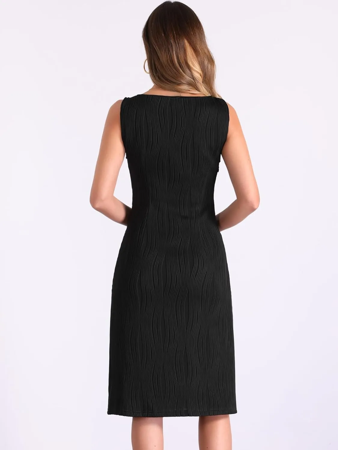 Allegra K Sleeveless Sheath Dress for Women's Boat Neck Textured Elegant Office Dress