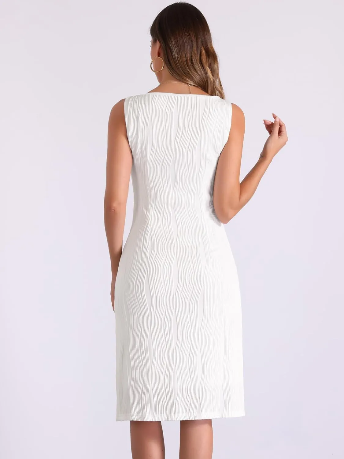 Allegra K Sleeveless Sheath Dress for Women's Boat Neck Textured Elegant Office Dress