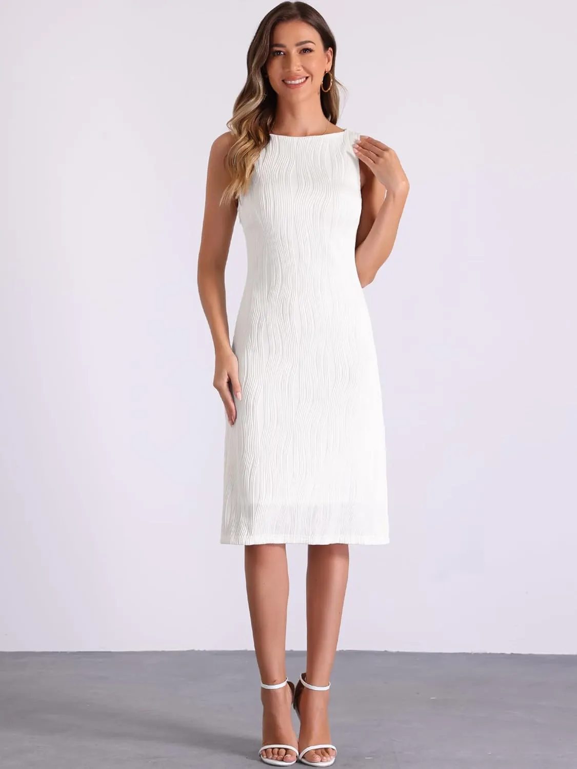 Allegra K Sleeveless Sheath Dress for Women's Boat Neck Textured Elegant Office Dress