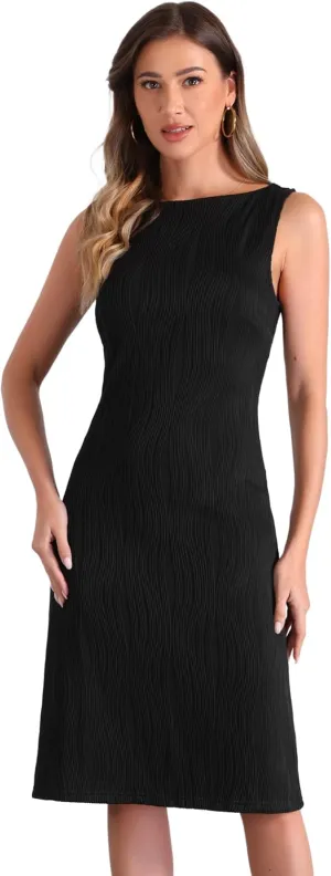 Allegra K Sleeveless Sheath Dress for Women's Boat Neck Textured Elegant Office Dress