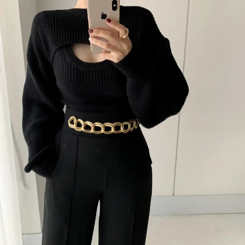 Angelina Turtle Neck Knitted Sweater with Cropped Top