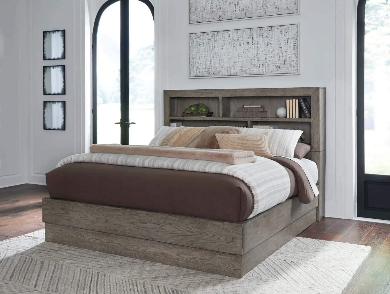 Anibecca Queen Bookcase Bed with Mirrored Dresser and 2 Nightstands