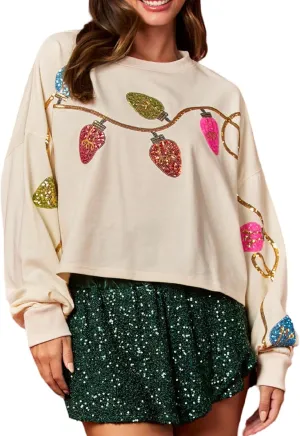 Aonoapll Women Cropped Christmas Sweatshirt Sequin Holiday Graphic Long Sleeve Sweaters Funny Xmas Crop Pullover Top