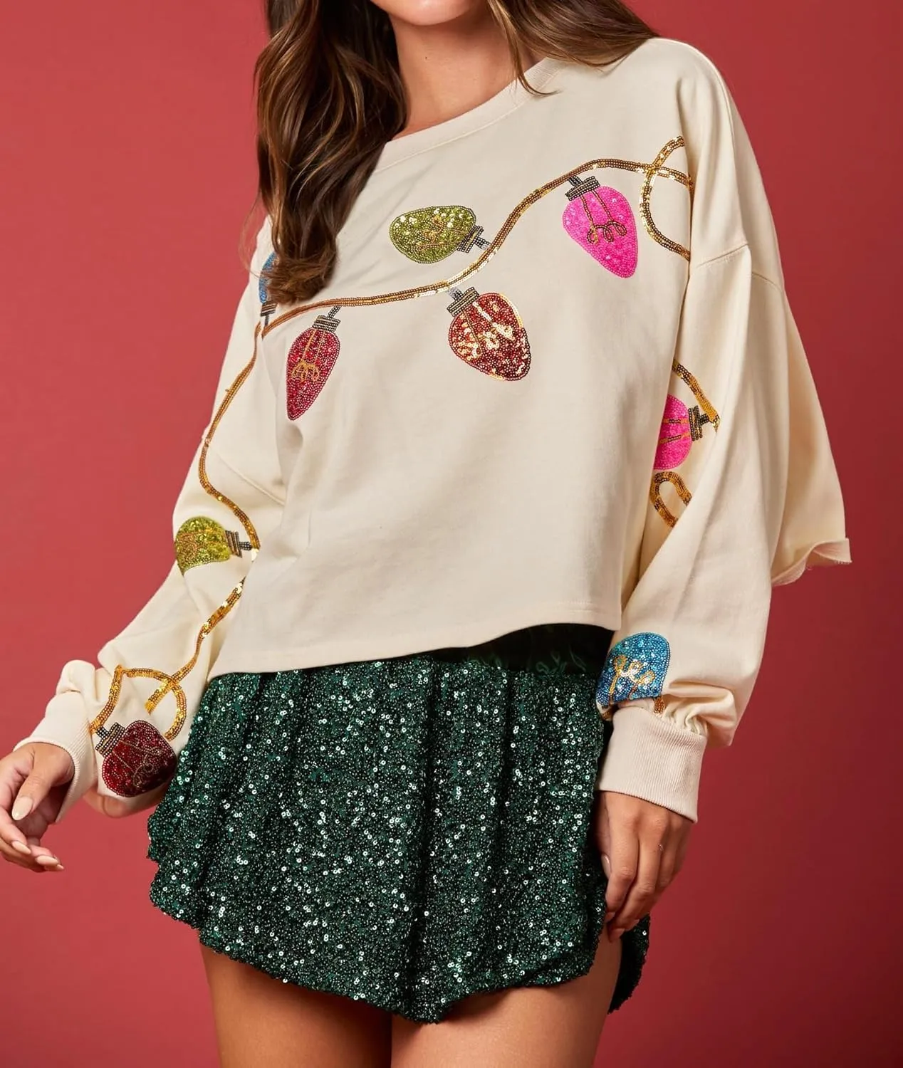 Aonoapll Women Cropped Christmas Sweatshirt Sequin Holiday Graphic Long Sleeve Sweaters Funny Xmas Crop Pullover Top