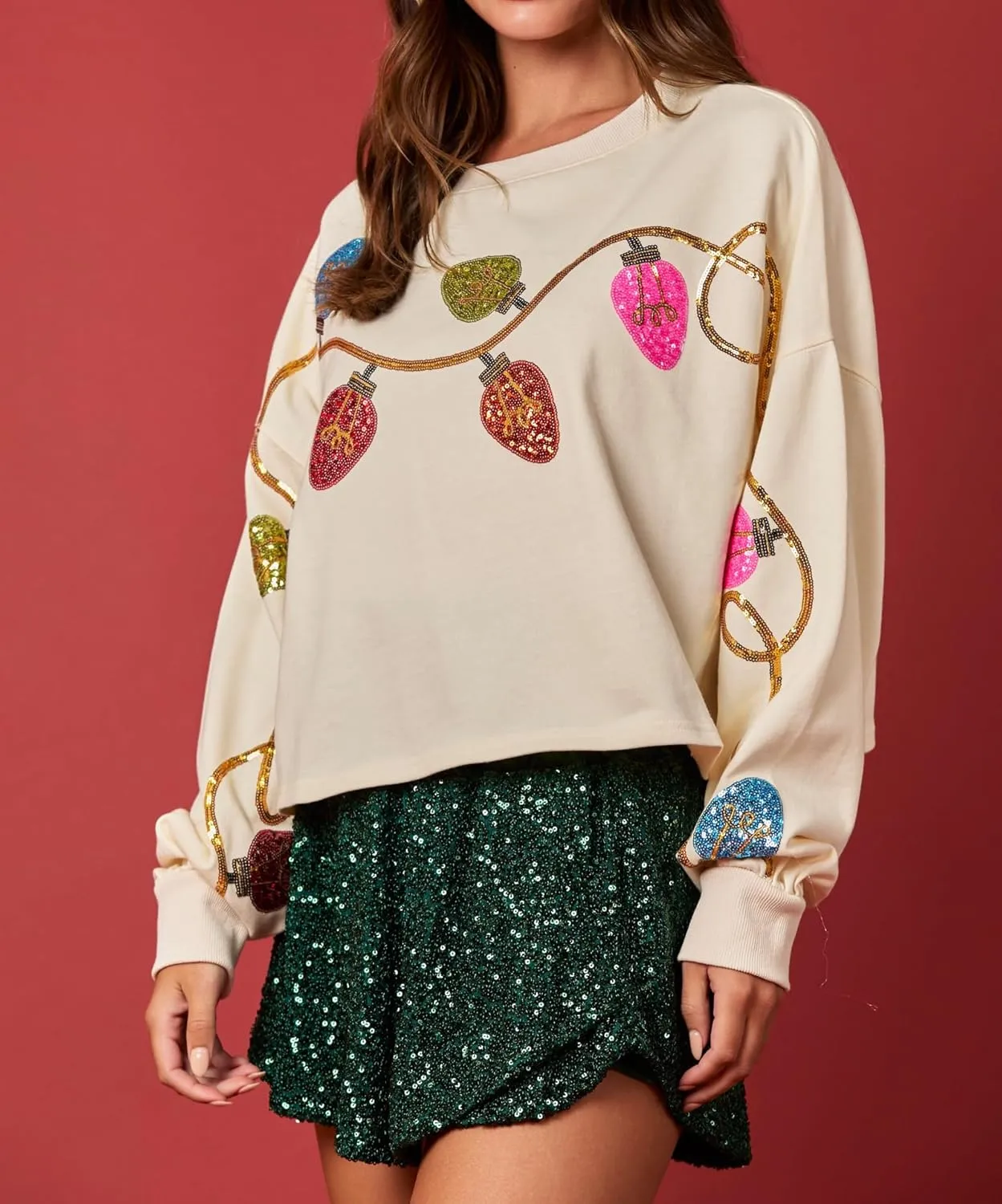 Aonoapll Women Cropped Christmas Sweatshirt Sequin Holiday Graphic Long Sleeve Sweaters Funny Xmas Crop Pullover Top