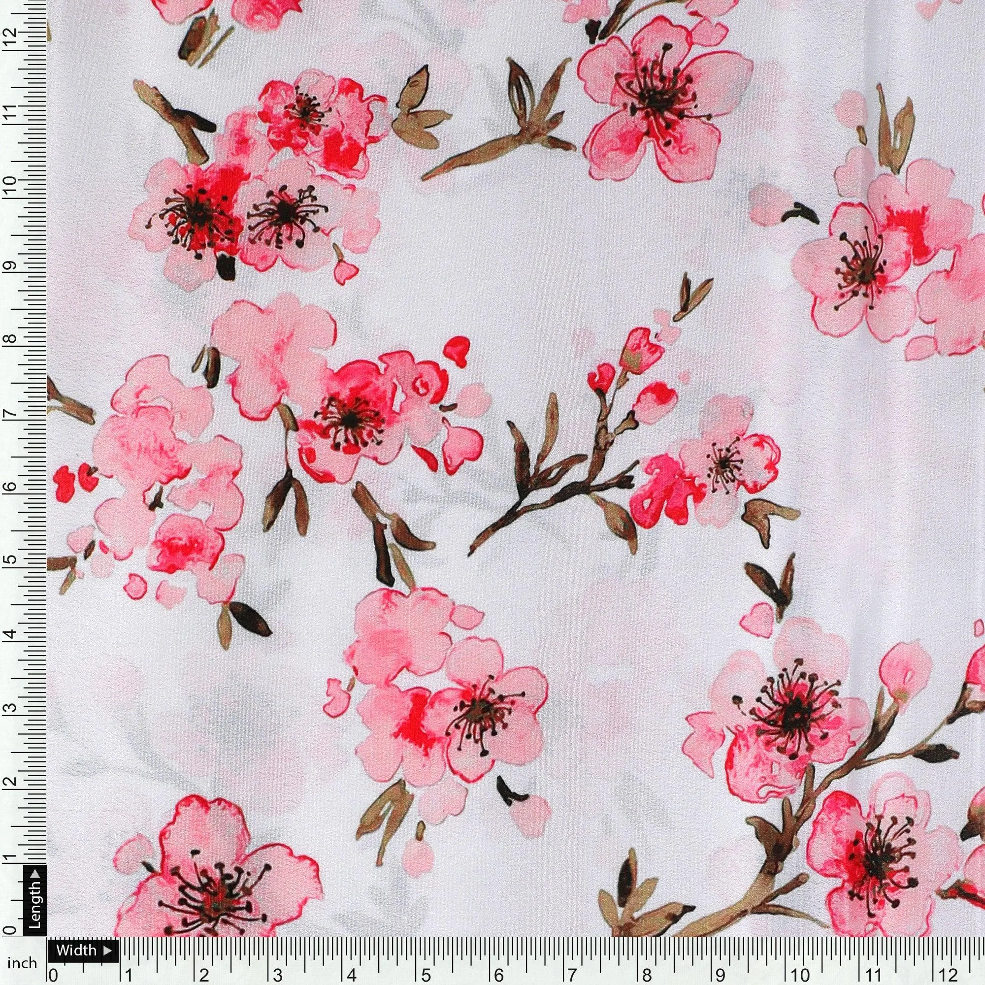Beautiful Red Flowers over White Base Digital Printed Fabric