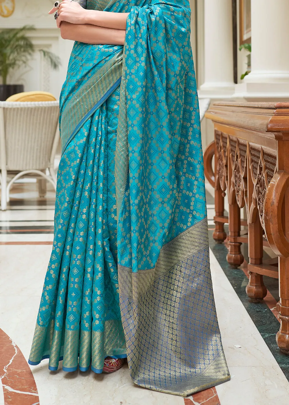 Cerulean Blue Handloom Patola Weave Silk Saree