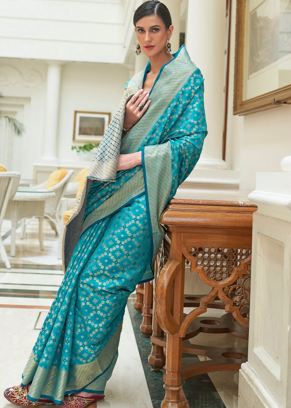 Cerulean Blue Handloom Patola Weave Silk Saree