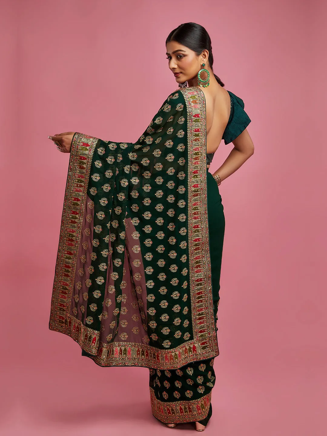 Charming Green Georgette Saree with Multi Colour Work and Border