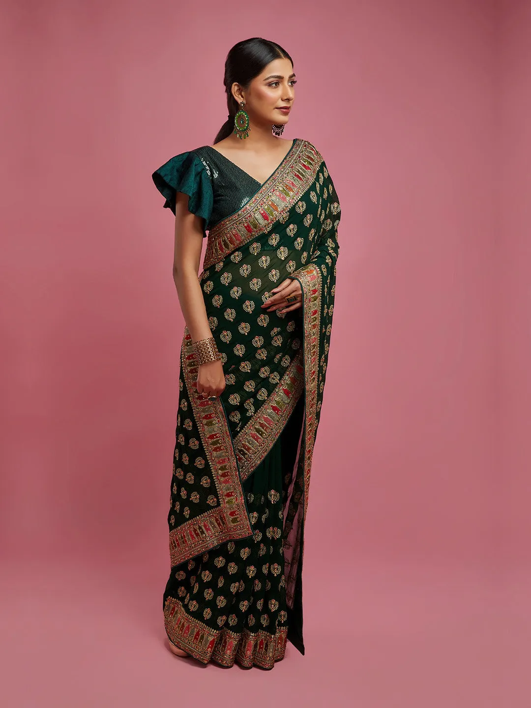 Charming Green Georgette Saree with Multi Colour Work and Border