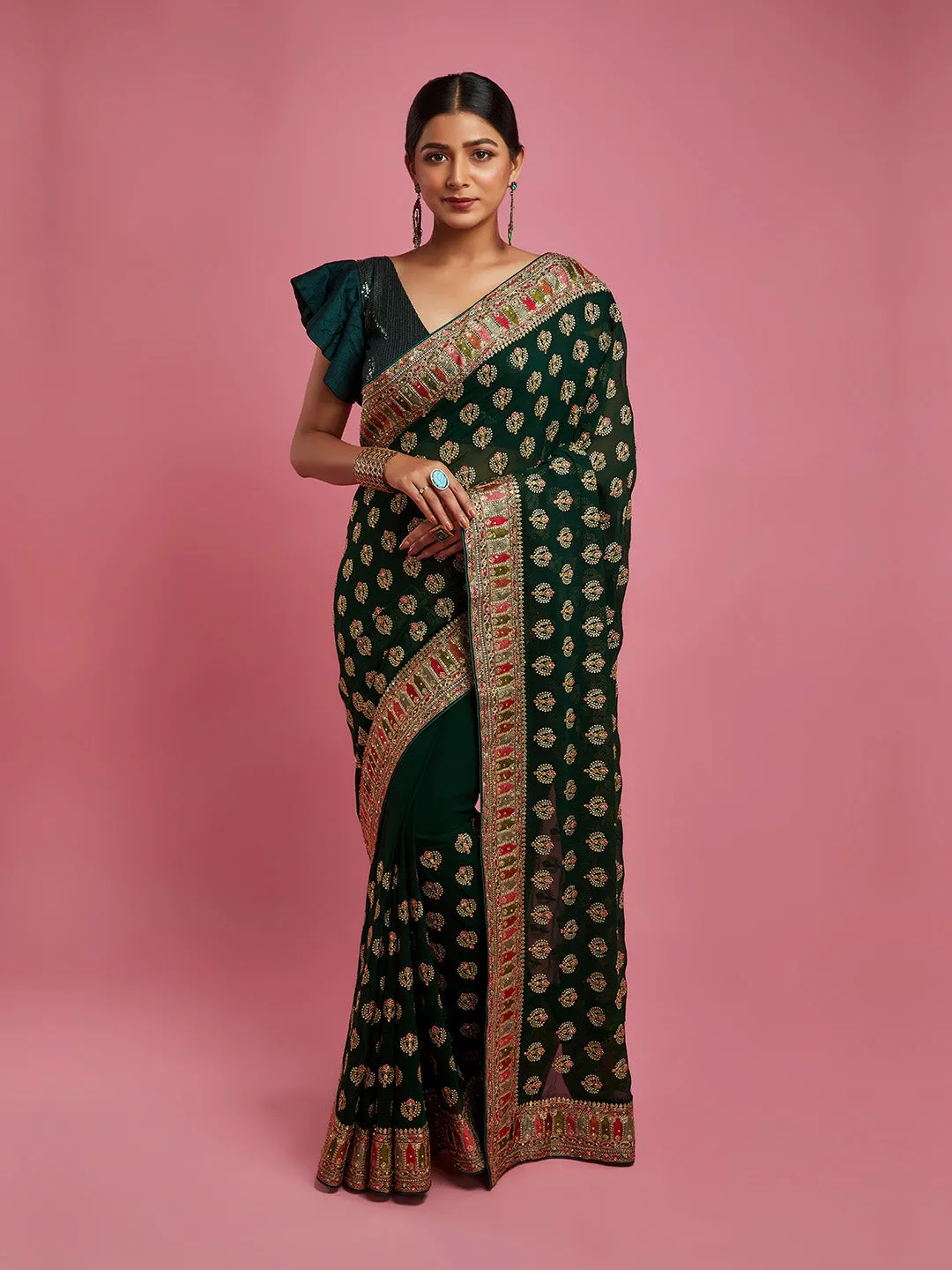 Charming Green Georgette Saree with Multi Colour Work and Border