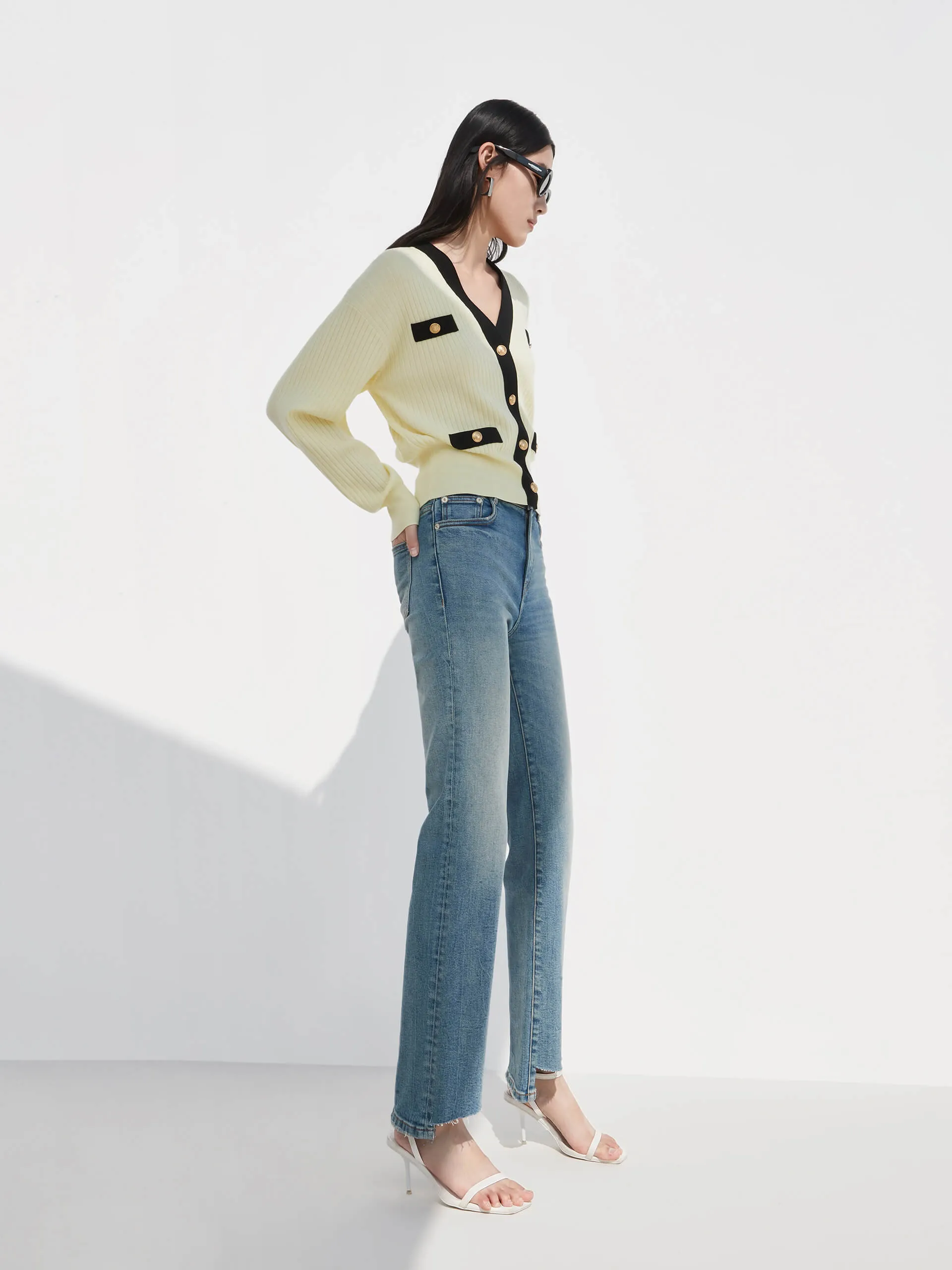 Contrast V-neck Metal Button Cardigan