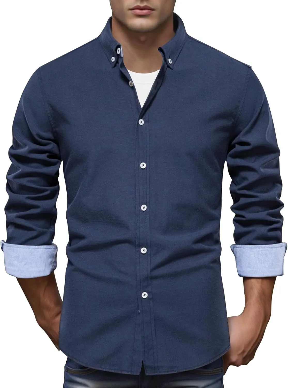 COZYPOIN Mens Dress Shirts Long Sleeve Wrinkle Free Regular Fit Inner Contrast Casual Business Wedding Button Down Shirt