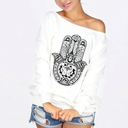 Cute Printed Off Shoulder Fleece Long Sleeve Shirt