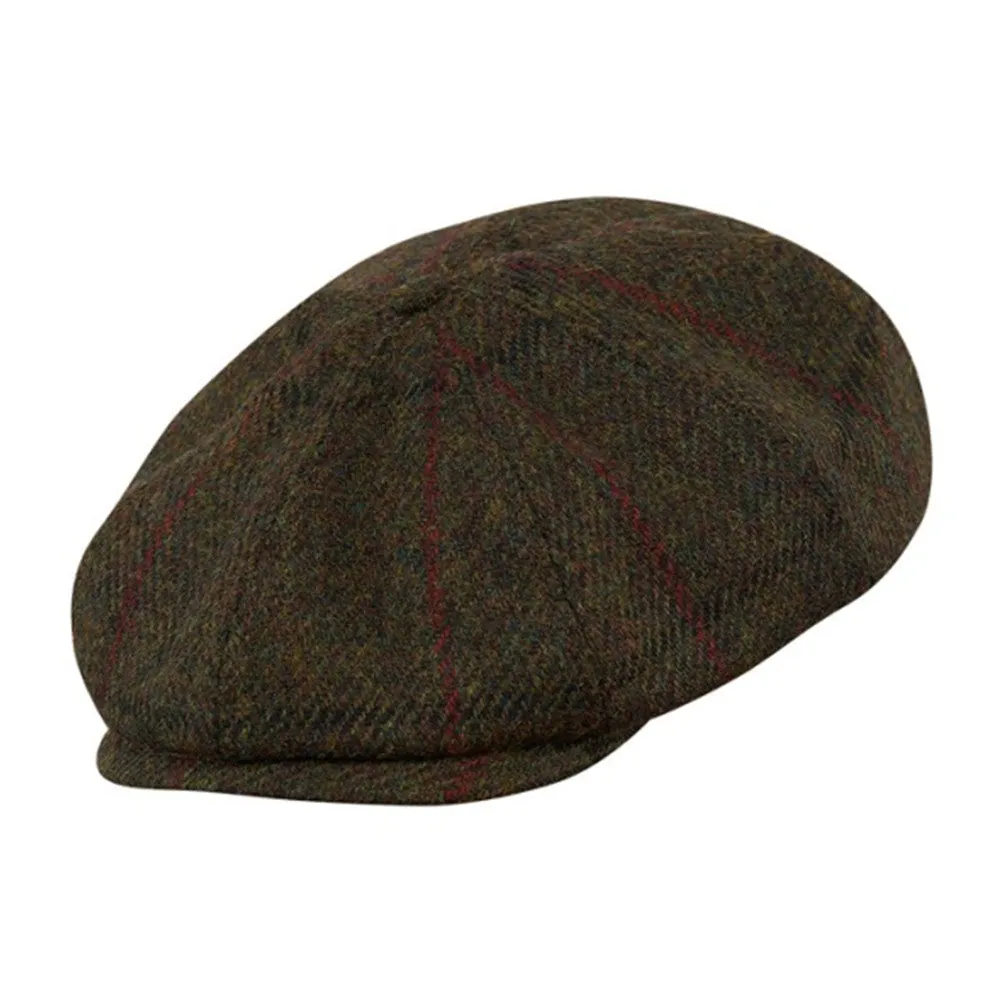 Eight Piece Wool Newsboy Cap-Green/Red Tweed