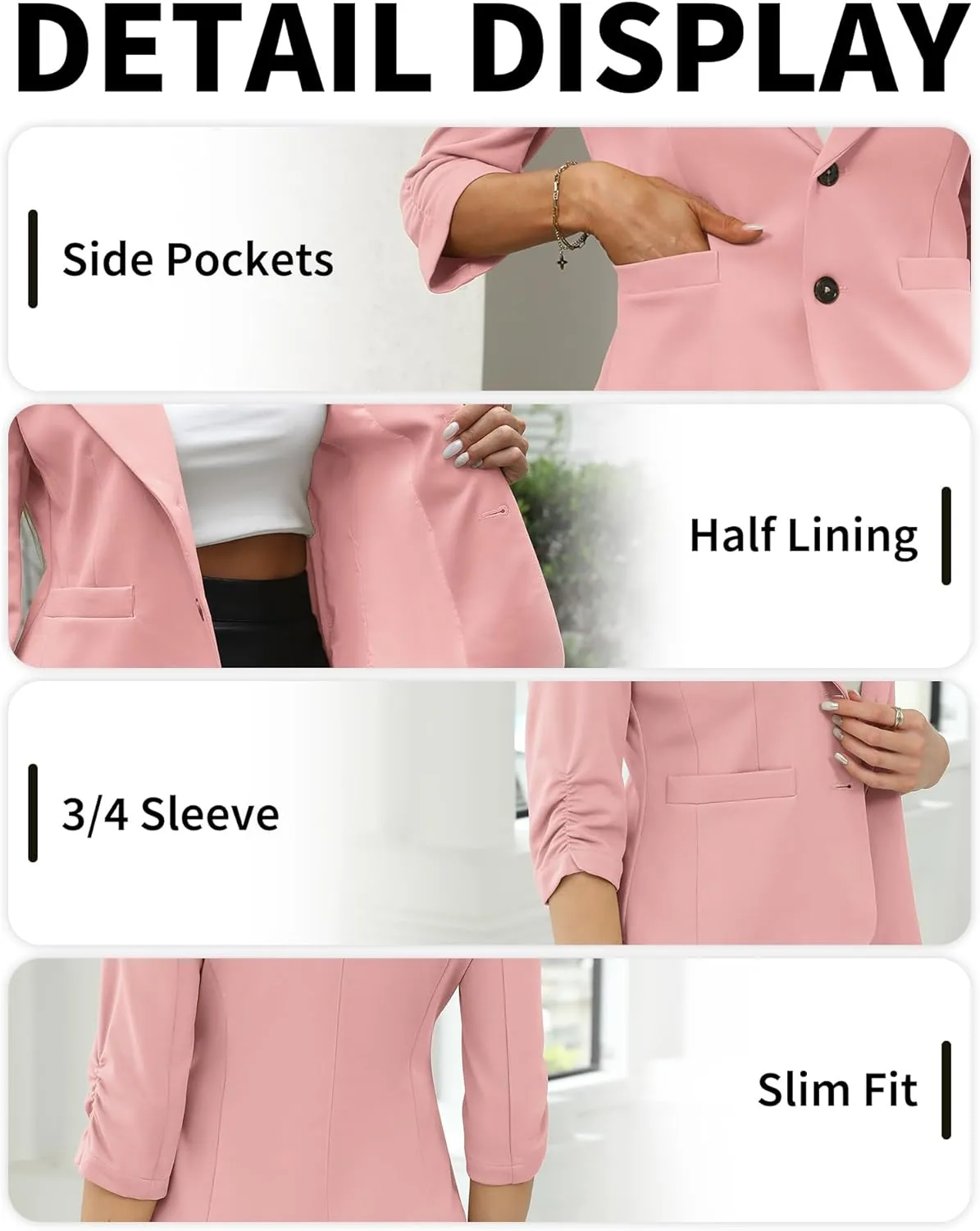 ELLEVEN Womens Casual 3/4 Sleeve Knit Blazers - High Stretch Business Work Suit Slim Fit Jacket with Pockets