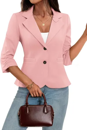 ELLEVEN Womens Casual 3/4 Sleeve Knit Blazers - High Stretch Business Work Suit Slim Fit Jacket with Pockets