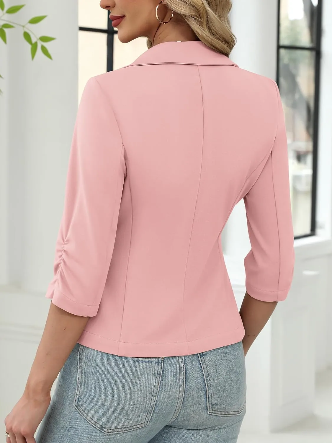 ELLEVEN Womens Casual 3/4 Sleeve Knit Blazers - High Stretch Business Work Suit Slim Fit Jacket with Pockets