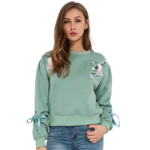 Floral Embroidery Ribbon Sleeve Sweatshirt