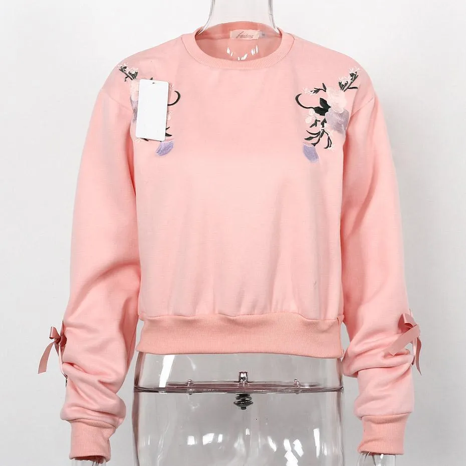 Floral Embroidery Ribbon Sleeve Sweatshirt
