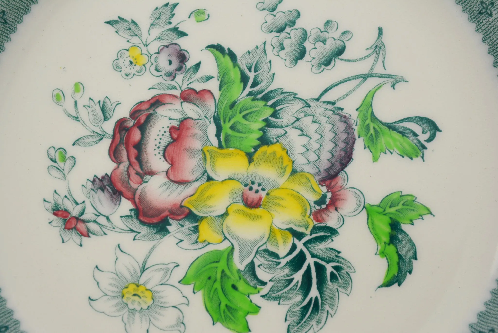 Green Transferware Plate Vintage Floral with Hand Painted Roses Ridgways