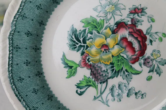 Green Transferware Plate Vintage Floral with Hand Painted Roses Ridgways
