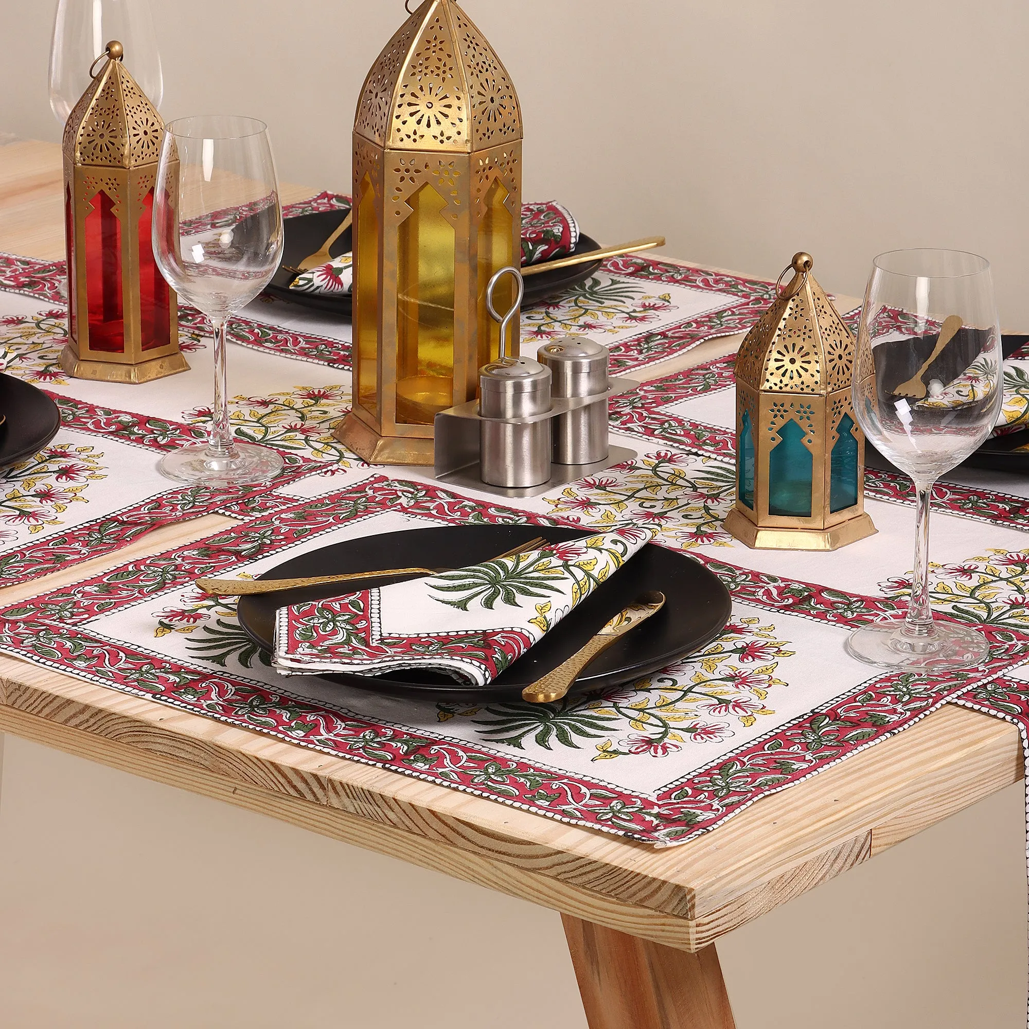 Hand Block Floral Printed Cotton Center Table Runner