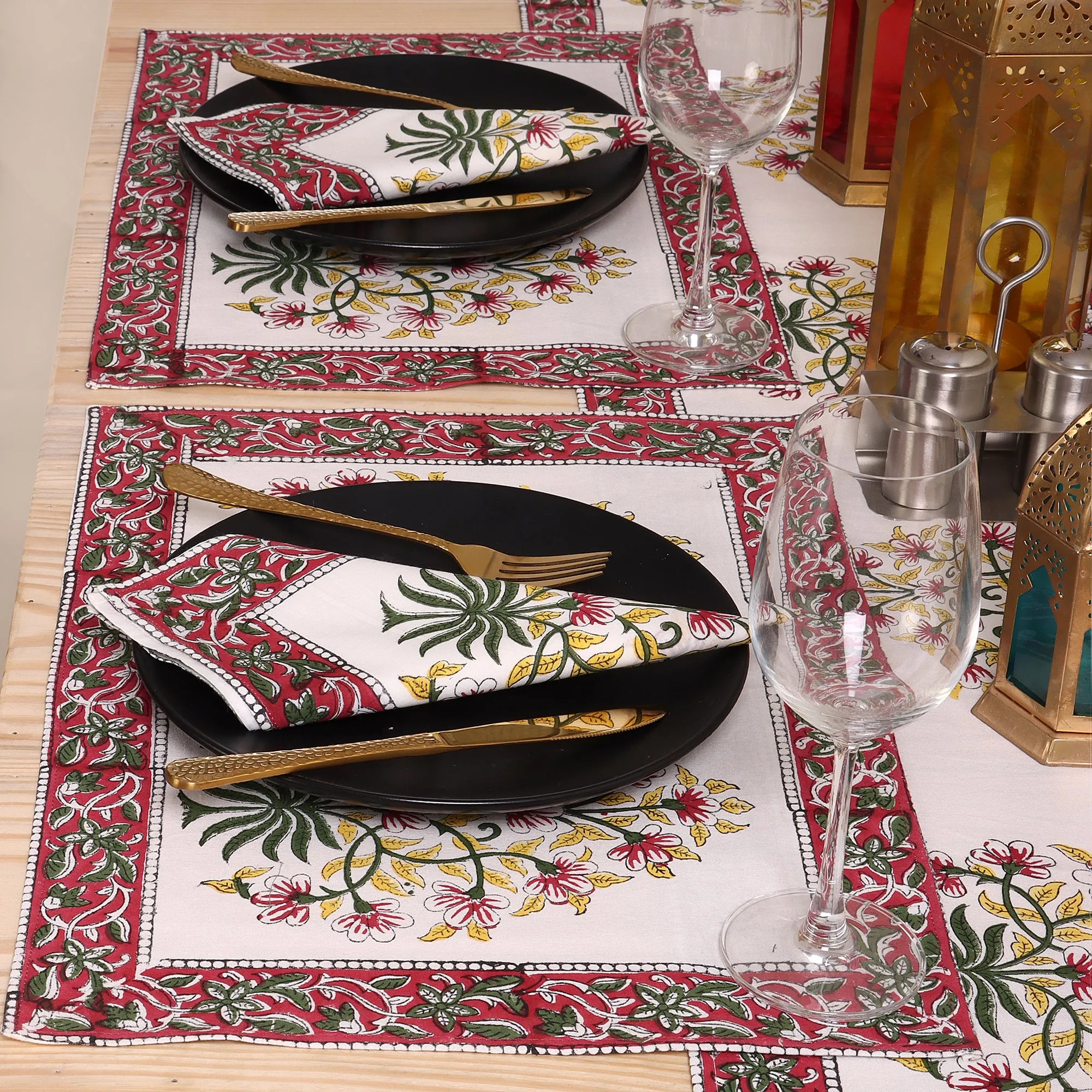 Hand Block Floral Printed Cotton Center Table Runner