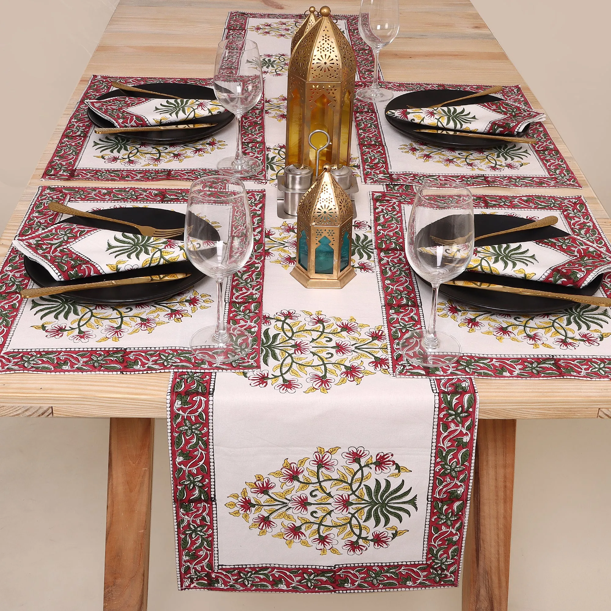 Hand Block Floral Printed Cotton Center Table Runner