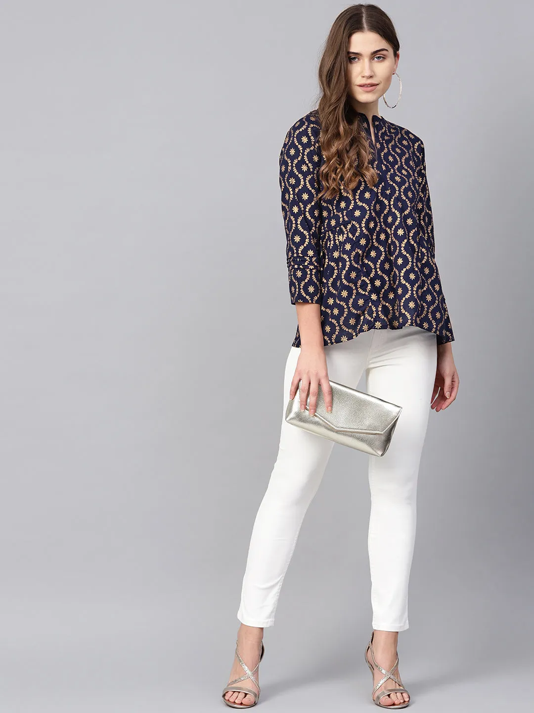 Jashvi Navy Blue Golden Printed Top