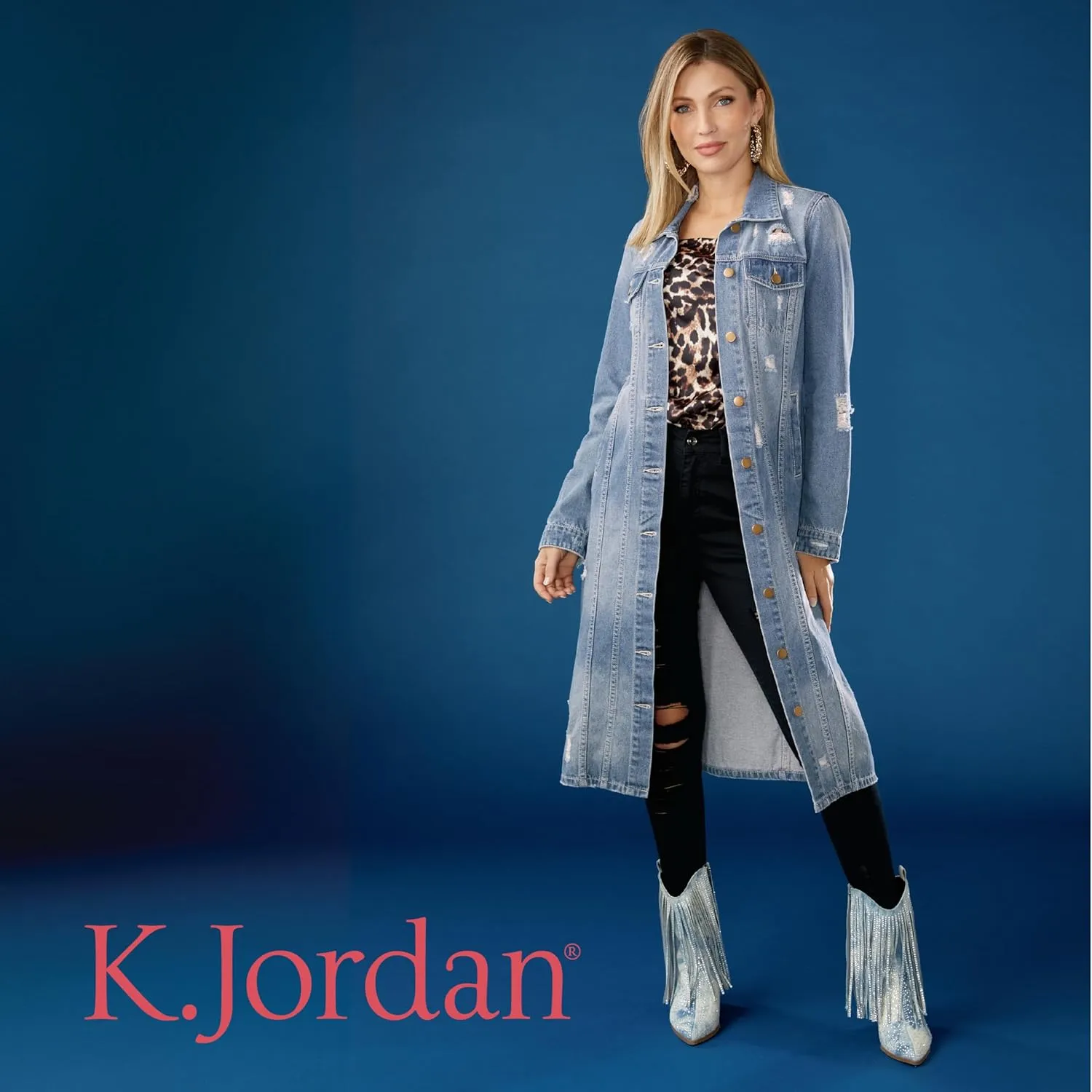 K. Jordan Womens Long Destructed Cotton Jean Jacket