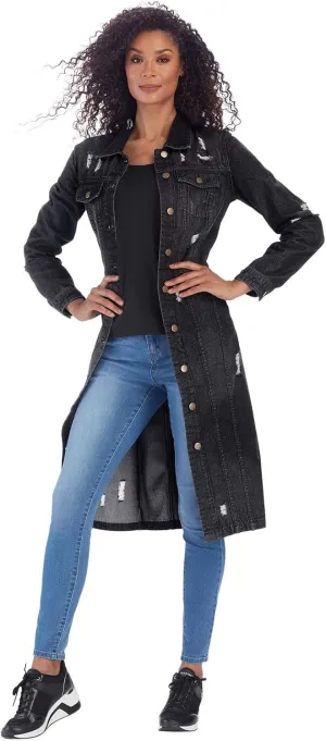 K. Jordan Womens Long Destructed Cotton Jean Jacket