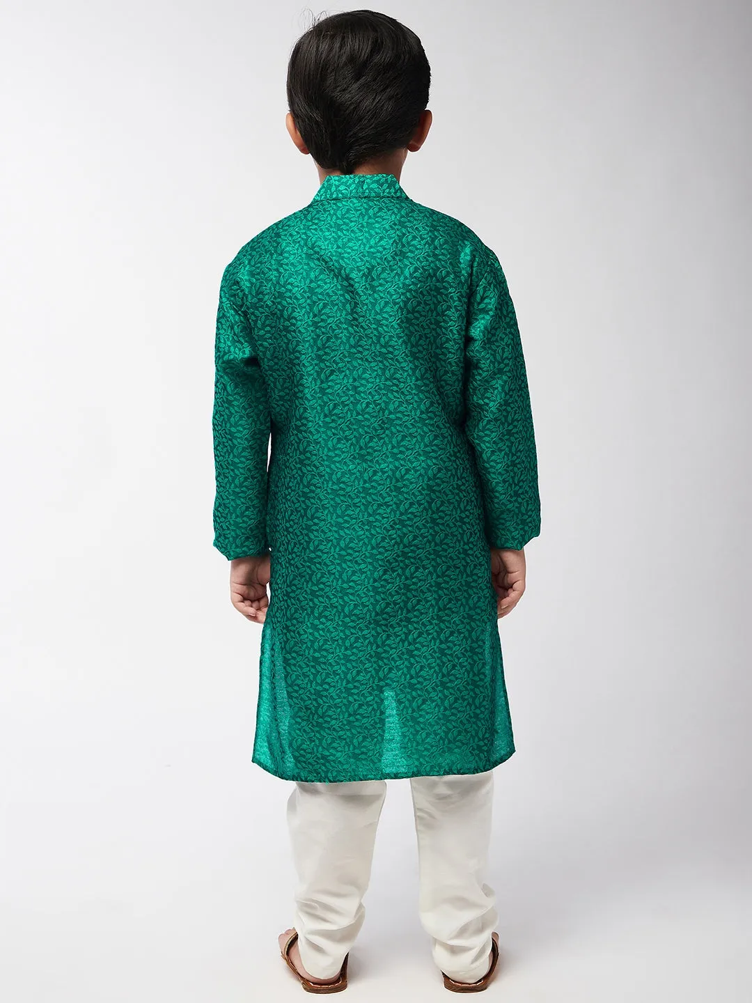 Kid's Jacquard Silk Dark Green Self Design Kurta & Off-White Churidar Pyjama Set  - Sojanya KID