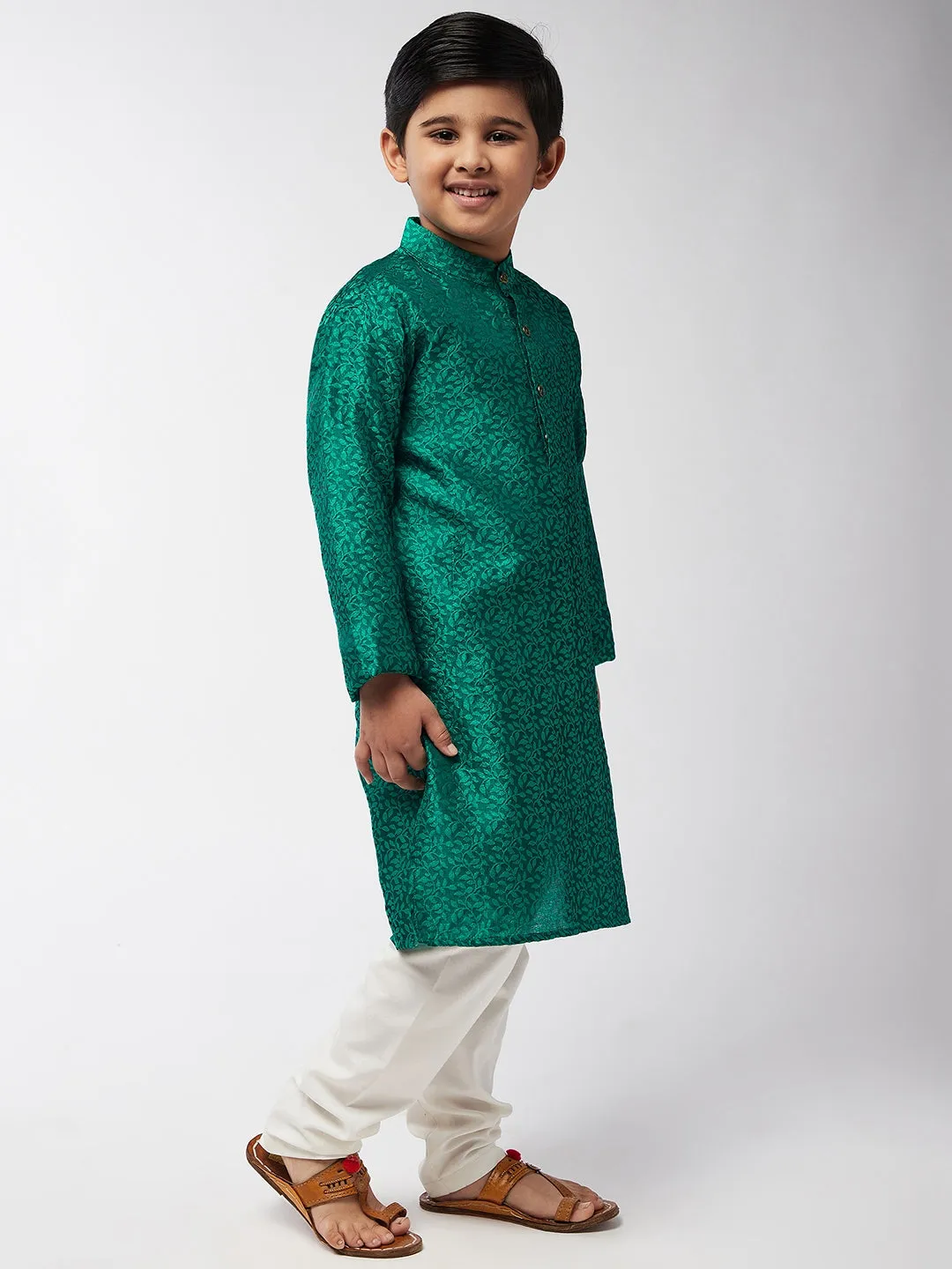 Kid's Jacquard Silk Dark Green Self Design Kurta & Off-White Churidar Pyjama Set  - Sojanya KID