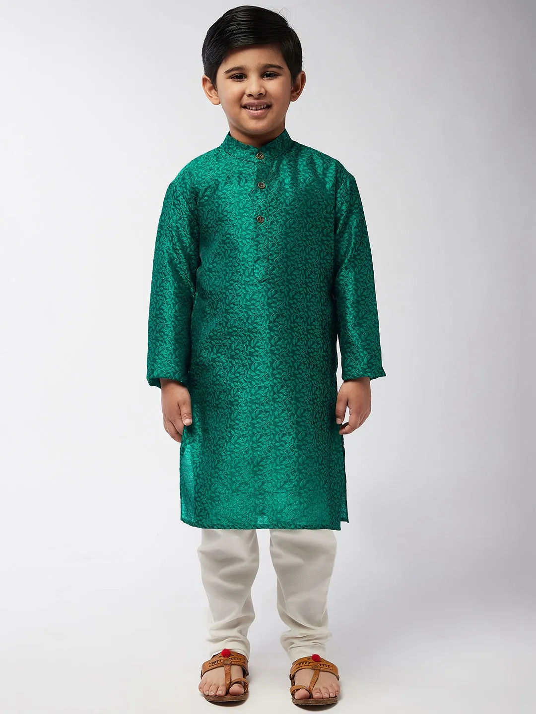 Kid's Jacquard Silk Dark Green Self Design Kurta & Off-White Churidar Pyjama Set  - Sojanya KID