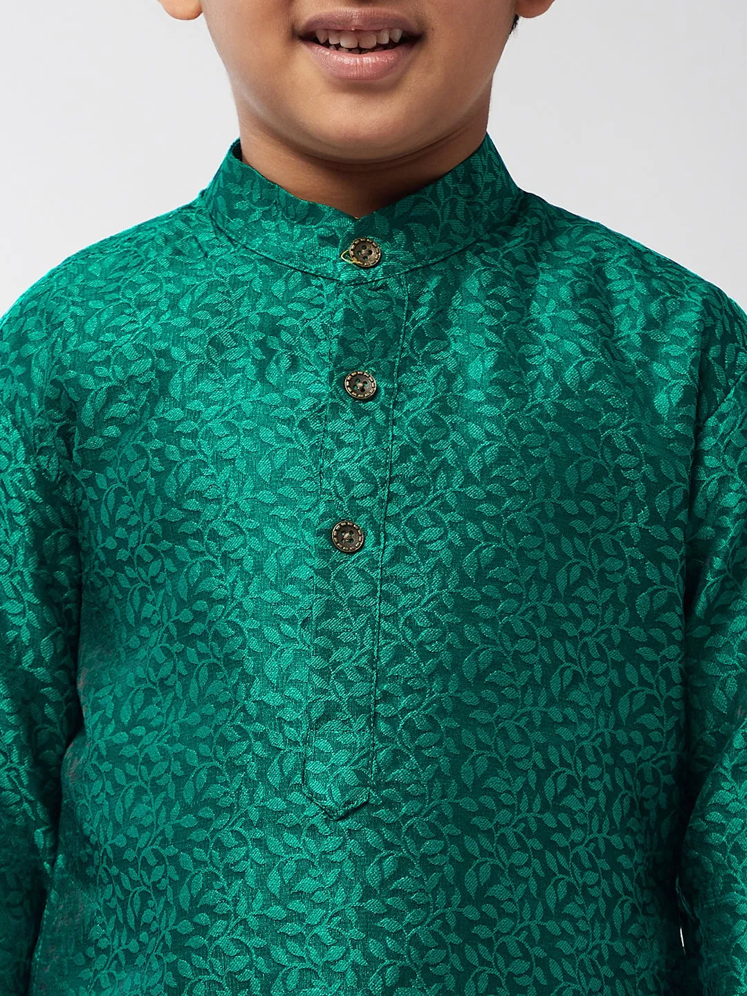Kid's Jacquard Silk Dark Green Self Design Kurta & Off-White Churidar Pyjama Set  - Sojanya KID