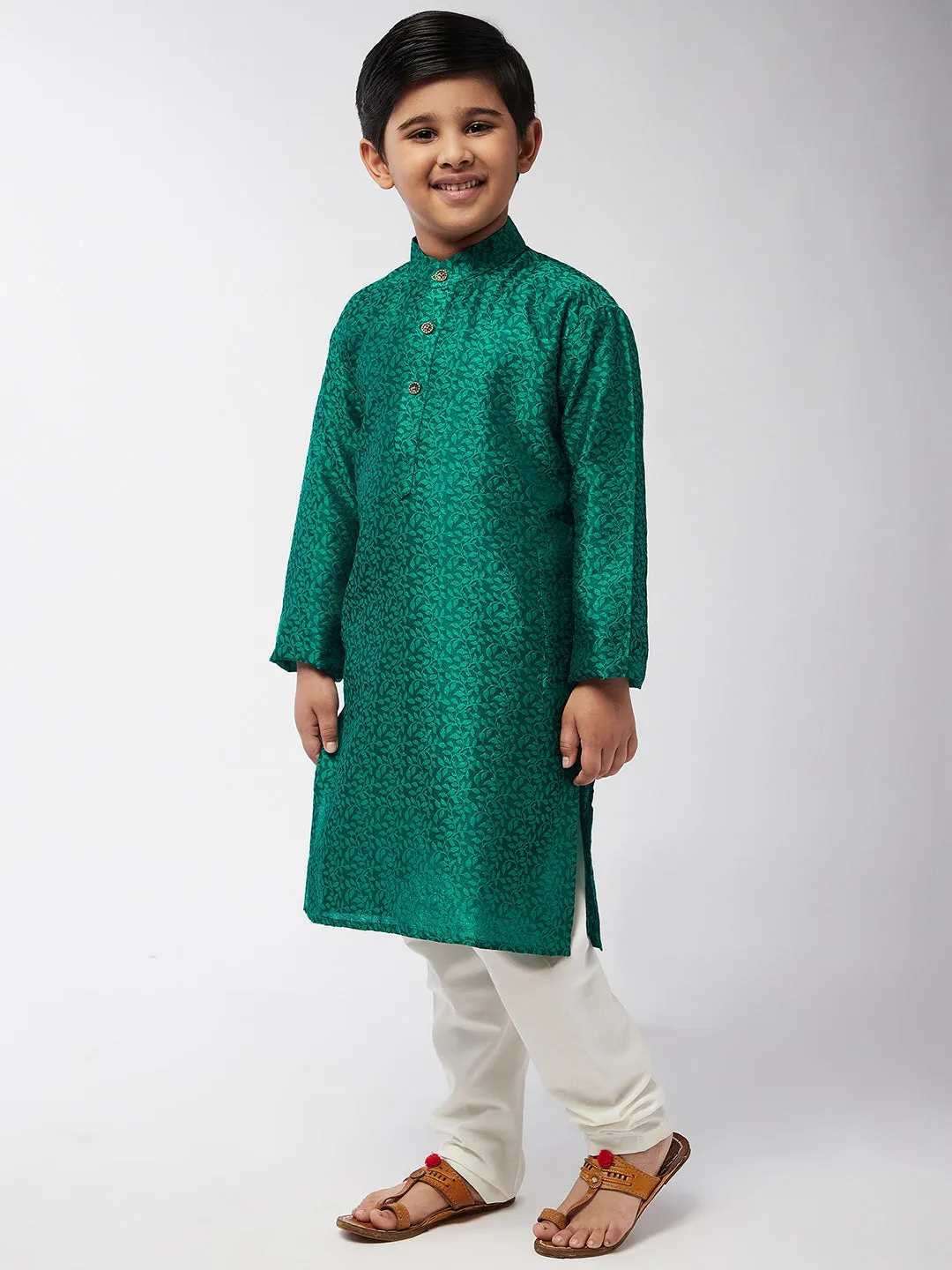 Kid's Jacquard Silk Dark Green Self Design Kurta & Off-White Churidar Pyjama Set  - Sojanya KID