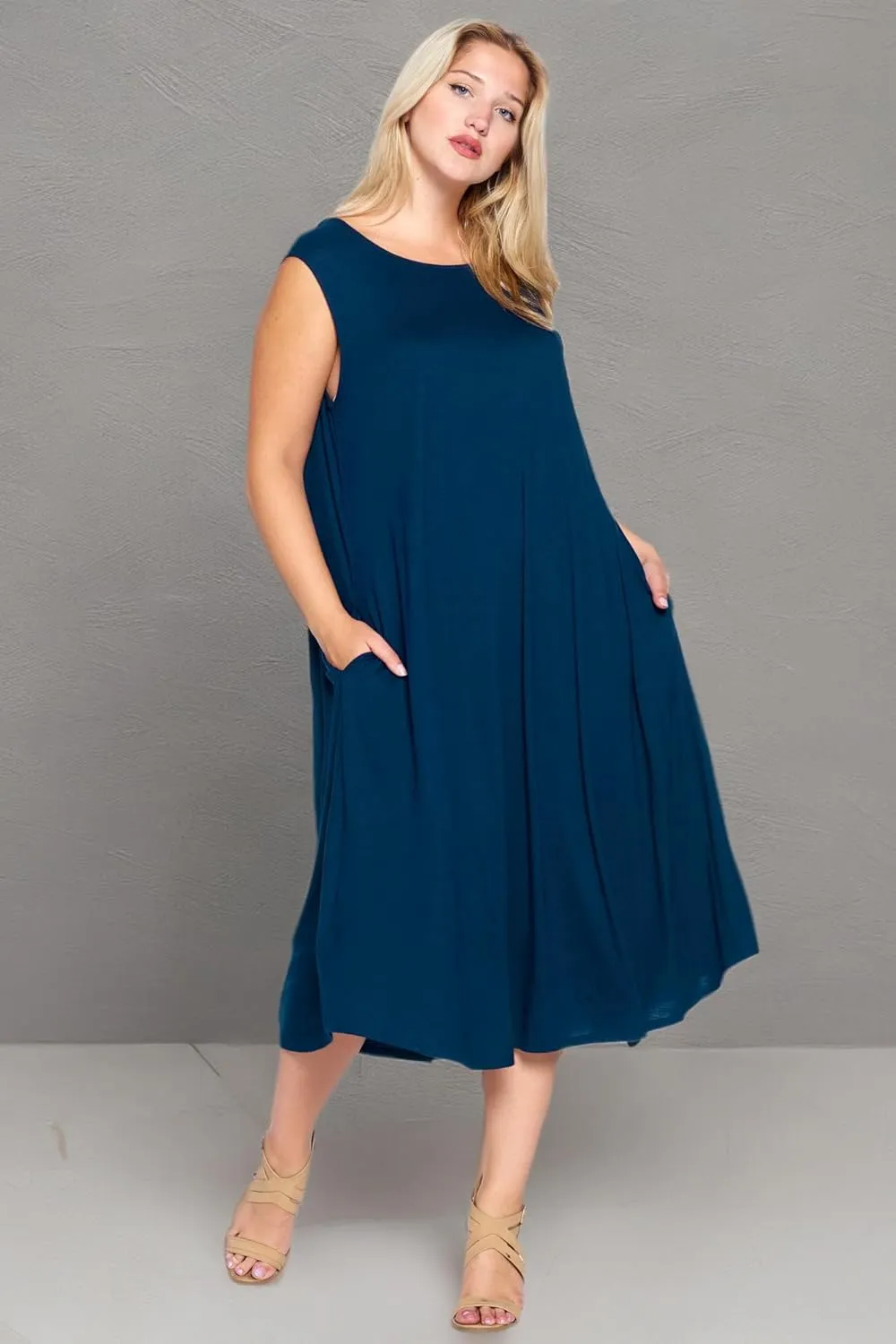 Modern Kiwi Women's Plus Size Basic Sleeveless Loose Fit Pocket Midi Maxi Dress (1X-4X)
