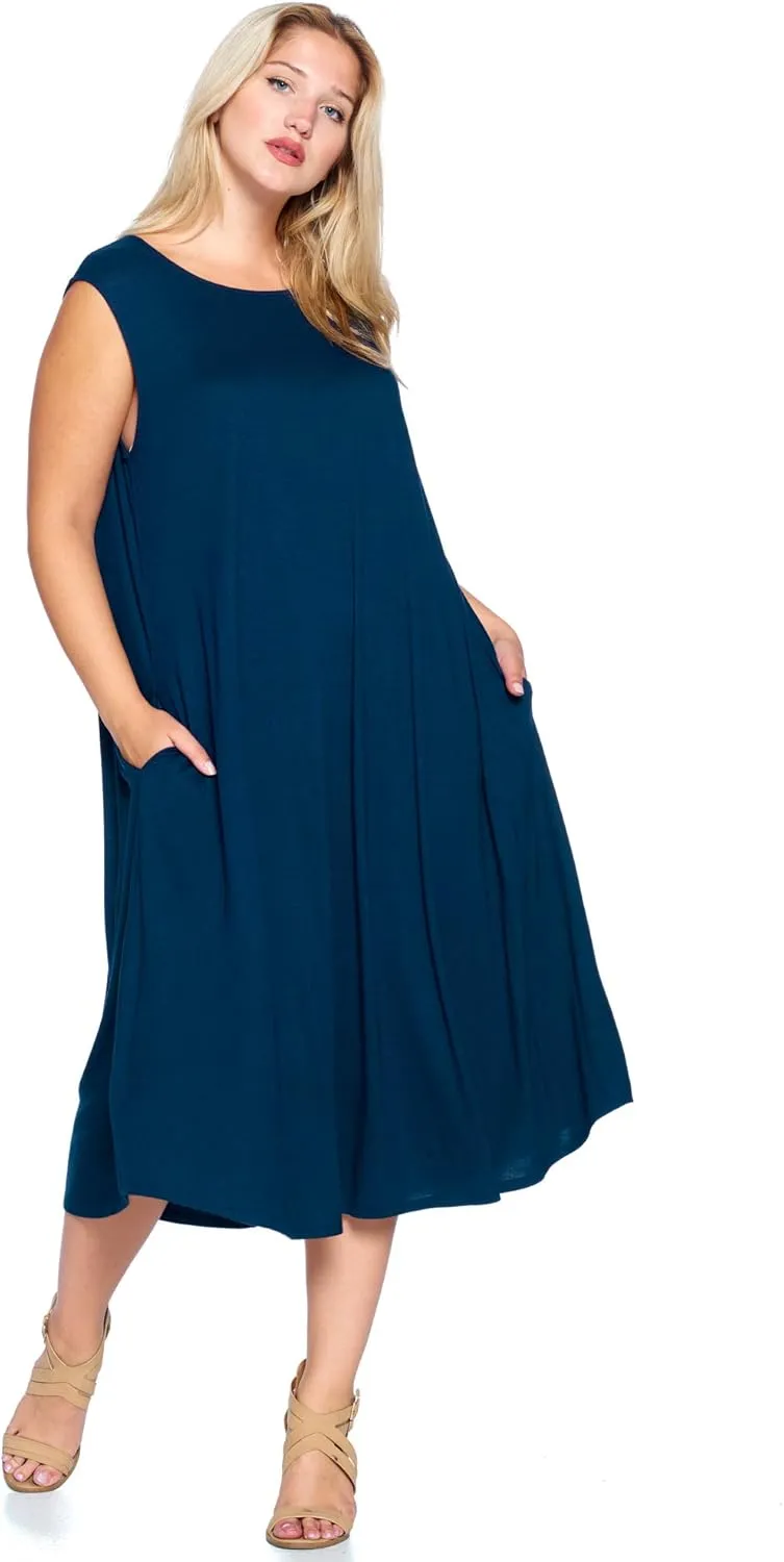 Modern Kiwi Women's Plus Size Basic Sleeveless Loose Fit Pocket Midi Maxi Dress (1X-4X)