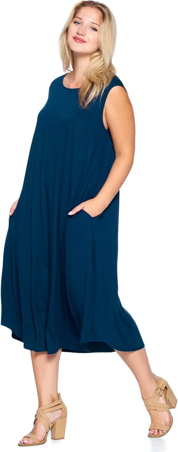 Modern Kiwi Women's Plus Size Basic Sleeveless Loose Fit Pocket Midi Maxi Dress (1X-4X)