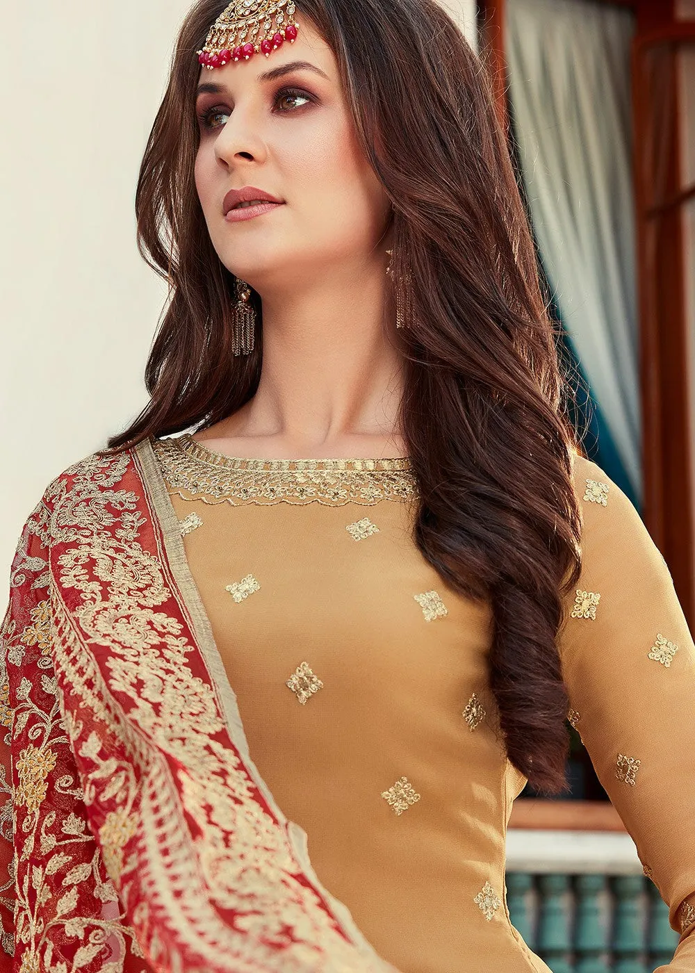 Mustard And Red Embroidered Gharara Suit