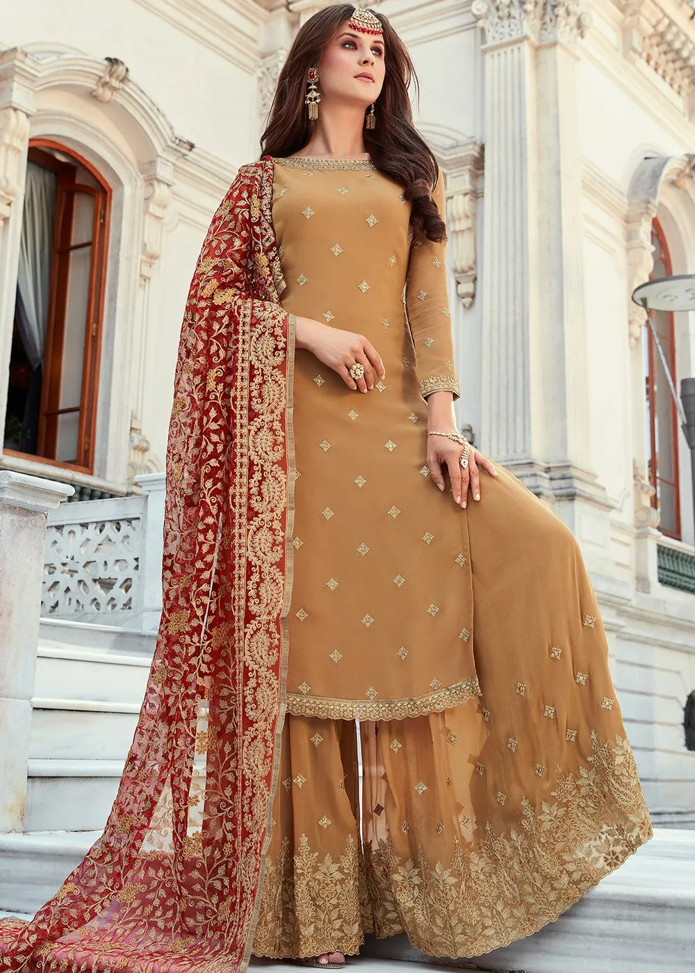 Mustard And Red Embroidered Gharara Suit