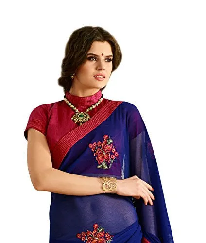 Oomph! Women's Chiffon Sarees Party Wear/Fancy Chiffon Sarees/Embroidered Chiffon Sarees - Indigo Blue