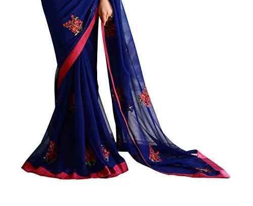 Oomph! Women's Chiffon Sarees Party Wear/Fancy Chiffon Sarees/Embroidered Chiffon Sarees - Indigo Blue