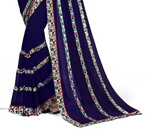 Oomph! Women's Chiffon Sarees Party Wear/Fancy Chiffon Sarees/Printed Chiffon Sarees - Indigo Blue &amp; Beige