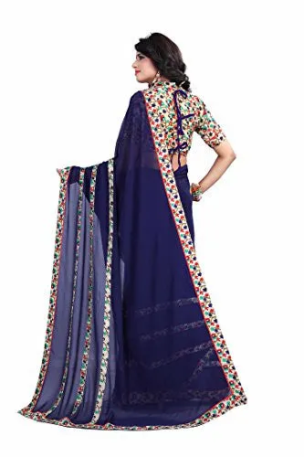 Oomph! Women's Chiffon Sarees Party Wear/Fancy Chiffon Sarees/Printed Chiffon Sarees - Indigo Blue &amp; Beige